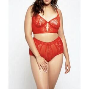 Women's Plus Size Stretch Lace Bustier and Brief Lingerie Set - Red Size 3X